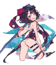 1girl ass bikini black_hair blush breasts dual_wielding fate/grand_order fate_(series) highres holding holding_sword holding_weapon katsushika_hokusai_(fate) katsushika_hokusai_(swimsuit_saber)_(fate) looking_at_viewer looking_back oimo_(14sainobba) open_mouth short_hair small_breasts solo swimsuit sword weapon