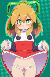 1girl absurdres blonde_hair blush breasts buzzlyears clothes_lift female_focus green_eyes hair_ribbon highres looking_at_viewer mega_man_(series) panties ponytail ribbon roll_(mega_man) shiny_skin skirt skirt_lift small_breasts underwear white_panties