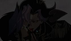 Rule 34 | 2boys, ai (yu-gi-oh!), alternate form, android, black cape, black hair, blood, blood from mouth, blood in mouth, blood on face, blood on hands, blood on mouth, cannibalism, cape, closed eyes, colored bangs, dress shirt, epaulettes, facing another, facing to the side, finger in own mouth, finger to mouth, fujiki yusaku, grey background, hair over one eye, humanoid robot, jacket, leaning forward, leaning on person, looking at another, male focus, military jacket, military uniform, multiple boys, muted color, novale110, open mouth, partially colored, robot, shirt, spiked hair, tongue, tongue out, white shirt, yellow eyes, yu-gi-oh!, yu-gi-oh! vrains
