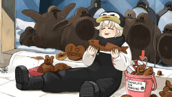 1girl absurdres baby_animal bird black_boots black_overalls boots bucket candy chocolate chocolate_heart closed_eyes commentary diva_(hyxpk) donut_stamp duck eating english_commentary food grey_hair hat heart heart-shaped_food highres king_penguin on_floor overalls penguin penguin_chick penguin_hat penguin_keeper_(diva) rubber_boots shirt sitting white_shirt zoo zookeeper zookeepers_(diva)