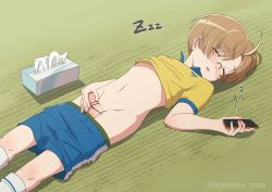 1boy absurdres bare_hips bare_stomach blue_shorts blush brown_hair cellphone censored closed_eyes clothes_lift clothes_pull dondoko_mozutaro erection functionally_nude glasses green_male_underwear highres imminent_orgasm jinnai_enta kneehighs legs_together lifting_own_clothes light_blush lying male_focus male_underwear male_underwear_peek male_underwear_pull masturbation midriff navel on_back on_floor open_mouth partially_undressed penis phone sarazanmai bad_tag shirt shirt_lift short_hair short_sleeves shorts shorts_pull shota small_penis socks t-shirt tatami testicles tissue_box underwear underwear_peek white_legwear yellow_shirt zzz