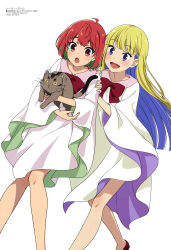 2girls :d :o absurdres ahoge animal anime_coloring bare_legs blonde_hair blue_hair blunt_bangs blunt_ends blush bow bowtie cat colored_inner_hair copyright_name copyright_notice dress fujii_kana green_hair hand_on_another&#039;s_arm hand_on_another&#039;s_shoulder healer_girl highres hokkaido_azmacy_inc. holding holding_animal holding_cat itsushiro_reimi long_hair looking_at_animal magazine_scan megami_magazine multicolored_hair multiple_girls official_art open_mouth purple_eyes red_bow red_bowtie red_eyes red_hair scan short_hair simple_background smile teeth third-party_source upper_teeth_only white_background white_dress