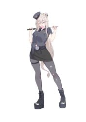 1girl absurdres alternate_costume animal_ears belt between_breasts black_boots black_nails black_necktie black_pantyhose black_shirt black_skirt blowing_bubbles blush boots breasts button_gap ear_piercing full_body grey_eyes grey_hair hair_between_eyes hands_up hat highres holding_baton_(weapon) holding_behind_back holding_weapon_behind_back hololive hololive_grand_theft_auto inuinuo_gataken large_breasts lion_ears lion_girl lion_tail long_hair looking_at_viewer nail_polish necktie necktie_between_breasts pantyhose piercing platform_boots platform_footwear police_hat shirt shirt_partially_tucked_in shishiro_botan short_sleeves skirt solo standing tail thigh_strap torn_clothes torn_pantyhose transparent_background virtual_youtuber