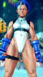 1girl 3d absurdres alternate_color alternate_skin_color antenna_hair bare_shoulders blonde_hair blue_eyes blue_gloves blue_hat braid breasts cammy_white clenched_hands covered_navel curvy dark_skin gloves groin hat highleg highleg_leotard highres leotard lips long_hair medium_breasts ryona screencap shiny_clothes sky solo street_fighter street_fighter_v thighs third-party_edit thong_leotard twin_braids very_long_hair white_leotard wide_hips