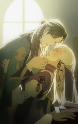 0_ebj 1boy 1girl black_hair blue_jacket blush commentary_request couple cowboy_shot fire_emblem fire_emblem:_three_houses grey_eyes hair_between_eyes hair_bun hair_ornament hand_on_another&#039;s_chin hetero highres indoors jacket linhardt_von_hevring linhardt_von_hevring_(timeskip) long_hair long_sleeves looking_at_another lysithea_von_ordelia lysithea_von_ordelia_(timeskip) nintendo orange_eyes parted_bangs parted_lips puffy_sleeves shirt sidelocks tassel tassel_hair_ornament white_hair white_shirt wide-eyed window