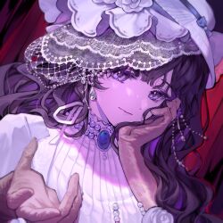 1girl baiye_renxing black_hair closed_mouth dress gloves hand_on_own_cheek hand_on_own_face hands_up hat isolde_(reverse:1999) long_hair looking_at_viewer outstretched_hand purple_eyes red_background reverse:1999 solo upper_body veil white_dress white_hat white_veil yellow_gloves