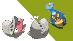 :o blacknirrow colored_sclera fangs full_body gen_5_pokemon highres karrablast nintendo no_humans open_mouth orange_eyes outline pokemon pokemon_(creature) pokemon_focus shell shelmet simple_background two-tone_background white_outline yellow_sclera