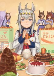 6+girls absurdres agemasen!_(meme) bag blue_eyes bow broccoli brown_hair buraki cake carrot chopstick_rest chopsticks commentary daiwa_scarlet_(umamusume) donut ear_ornament eating folding_fan food gold_ship_(umamusume) grey_hair groceries grocery_bag hair_between_eyes hair_bow hair_intakes hair_over_one_eye hamburger_steak hand_fan highres holding holding_tray ketchup light_particles long_hair long_sleeves mejiro_mcqueen_(umamusume) meme multicolored_hair multiple_girls neckerchief oguri_cap_(umamusume) omelet omurice pillbox_hat pleated_skirt potato potato_wedges purple_eyes purple_hair purple_skirt red_bow red_neckerchief rice sailor_collar school_uniform shopping_bag short_hair skirt special_week_(umamusume) strawberry_shortcake tiara tracen_school_uniform tray twintails two-tone_hair umamusume vodka_(umamusume) when_you_see_it white_hair yakiniku