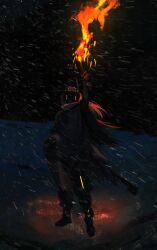 1girl absurdres armor dark_background fire glowing glowing_armor glowing_mask goddess_of_victory:_nikke headgear highres holding holding_torch long_hair mask night snow snow_white_(nikke) snowing solo soondi torch