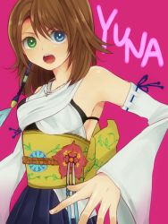 Rule 34 | 00s, 1girl, :o, atm8989, bad id, bad pixiv id, black bra, blue eyes, bra, brown hair, character name, detached sleeves, dissidia 012 final fantasy, dissidia final fantasy, female focus, final fantasy, final fantasy x, green eyes, gurumi mami, heterochromia, image sample, japanese clothes, jewelry, kimono, lingerie, long hair, md5 mismatch, necklace, open mouth, pixiv sample, robe, short hair, solo, underwear, yuna, yuna (ff10)