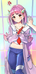 1girl absurdres gen_4_pokemon highres lacey_(pokemon) nintendo off_shoulder panties panties_peek panty_peek pink_hair pokemon pokemon_sv rotom rotom_phone short_hair solo tm_(hanamakisan) underwear yellow_eyes