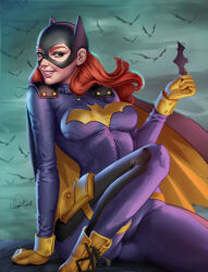 1girl barbara_gordon bat_(animal) batarang batgirl batman_(series) bodysuit boots breasts cape dc_comics douglas_bicalho gloves green_eyes highres holding long_hair looking_at_viewer mask medium_breasts orange_hair outdoors purple_bodysuit purple_cape solo superhero_costume two-sided_cape two-sided_fabric yellow_boots yellow_cape yellow_gloves