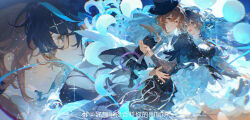 Rule 34 | 1boy, 1girl, absurdres, beach, black hat, black jacket, black pants, blue bow, blue bowtie, blue eyes, blue flower, blue ribbon, blue vest, bow, bowtie, breasts, brown eyes, brown hair, closed mouth, collared jacket, couple, crossed bangs, dancing, eyelashes, flower, frilled skirt, frills, full moon, grey hair, hair between eyes, hair flower, hair ornament, hand on another&#039;s hand, haoxiang banye hebing nide tuceng ya, happy, hat, hetero, high-waist pants, highres, jacket, jacket on shoulders, lace, lace-trimmed jacket, lace-trimmed shirt, lace trim, lapels, large breasts, layered sleeves, long hair, long sleeves, looking at another, low ponytail, medium skirt, moon, moon phases, multiple views, night, night sky, notched lapels, open mouth, original, outdoors, pants, ponytail, puffy short sleeves, puffy sleeves, ribbon, sample watermark, see-through clothes, see-through sleeves, shirt, short over long sleeves, short sleeves, skirt, sky, sleeve cuffs, smile, sparkle, top hat, turtleneck, turtleneck shirt, vest, water drop, watermark, weibo watermark, white shirt, white skirt