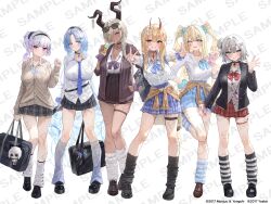 6+girls absurdres alsace_(azur_lane) azur_lane bag black_footwear black_socks blonde_hair blue_hair brown_footwear closed_mouth dark-skinned_female dark_skin dido_(azur_lane) double_v grey_hair guam_(azur_lane) gyaru hair_bun hair_over_one_eye hand_up hands_up hidulume highres horns jade_(azur_lane) kumano_(azur_lane) loafers long_hair looking_at_viewer loose_socks multiple_girls official_art open_mouth owari_(azur_lane) parted_lips sample_watermark school_bag school_uniform shoes short_hair single_hair_bun sirius_(azur_lane) skirt smile socks standing standing_on_one_leg striped_clothes striped_socks two_side_up v watermark white_hair white_socks