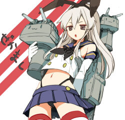 1girl black_eyes black_neckerchief black_panties blue_sailor_collar crop_top elbow_gloves gloves grey_hair highleg highleg_panties holding kantai_collection kinari long_hair lowres microskirt midriff neckerchief panties parted_lips pleated_skirt rensouhou-chan sailor_collar shimakaze_(kancolle) simple_background skirt sleeveless solo thighhighs underwear white_gloves