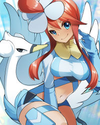 1girl alternate_color animal between_legs bird blue_background blue_eyes blue_gloves blue_jacket blue_shorts breasts check_commentary closed_mouth commentary_request cowboy_shot cropped_jacket gen_5_pokemon gloves hair_between_eyes hair_ornament hand_between_legs hand_up head_tilt highres jacket large_breasts looking_at_viewer midriff navel nintendo one_side_up pokemon pokemon_(creature) pokemon_masters_ex pouch red_hair short_shorts shorts sidelocks skyla_(pokemon) smile standing swan swanna swept_bangs thigh_pouch turtleneck yukichi_(tsuknak1)