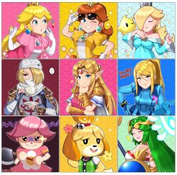6+girls absurdres adjusting_eyewear ancient_greek_clothes animal_crossing animal_ears axe blonde_hair chiton crown cup dog_ears dog_girl dress earrings english_text eyewear_on_head female_focus greco-roman_clothes green_hair hair_over_one_eye hand_on_own_chin highres isabelle_(animal_crossing) jewelry kid_icarus kid_icarus_uprising luma_(mario) mario_(series) metroid mini_crown multiple_girls nail_polish nintendo one_eye_closed palutena pink_hair pointy_ears princess_daisy princess_peach princess_zelda rosalina samus_aran sarukaiwolf saucer sheik smile sphere_earrings stroking_own_chin sunglasses super_mario_galaxy super_smash_bros. teacup teeth the_legend_of_zelda the_legend_of_zelda:_a_link_to_the_past the_legend_of_zelda:_ocarina_of_time tiara turban upper_teeth_only villager_(animal_crossing) wink