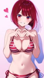 1girl absurdres ai-assisted aiming arima_kana belly bikini bob_cut bra breasts cleavage heart heart_hands highres looking_at_viewer medium_breasts midriff navel oshi_no_ko panties pink_background red_bikini red_eyes red_hair short_hair simple_background smile solo standing swimsuit thighs underwear