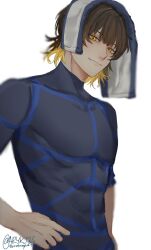 1boy aryk_7_s bachira_meguru black_hair blonde_hair blue_lock blue_lock_bodysuit closed_mouth colored_inner_hair commentary highres looking_at_viewer male_focus multicolored_hair short_hair simple_background sleeves_pushed_up solo towel towel_on_head twitter_username two-tone_hair upper_body white_background yellow_eyes