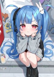 1girl :i backpack bag black_boots black_bow black_socks blue_hair blush boots bow can cigarette_butt commentary_request day ear_piercing graffiti grey_hoodie hair_bow hair_ornament hairclip highres hood hood_down hoodie jewelry kanae_(tsukiman) lace-up_boots long_hair long_sleeves looking_at_viewer original outdoors piercing pout puffy_long_sleeves puffy_sleeves rabbit_hair_ornament red_eyes ring sitting sleeves_past_wrists socks solo tsukiman twintails v-shaped_eyebrows vending_machine very_long_hair