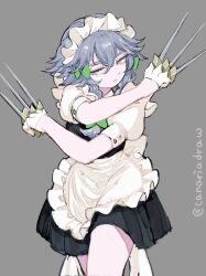 1girl apron between_fingers blue_eyes bow braid canariadraw dress embodiment_of_scarlet_devil green_bow grey_background grey_hair hair_bow hat highres holding holding_knife izayoi_sakuya knife knives_between_fingers looking_at_viewer maid maid_apron maid_headdress ribbon short_hair solo touhou twin_braids waist_apron