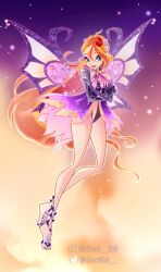 1girl ahoge alternate_costume aqua_eyes bare_legs bare_shoulders barefoot_sandals_(jewelry) blonde_hair bloom_(winx_club) bottle braid chocofish closed_mouth commentary crossed_arms crown_braid dark_bloom_(winx_club) dress elbow_gloves enchantix english_commentary eyelashes eyeshadow fairy fairy_wings fiery_background fire floating full_body glitter gloves gradient_background hair_between_eyes hair_ornament halter_dress halterneck heart heart_hair_ornament heart_necklace highres instagram_username jewelry leotard leotard_under_clothes light_particles lipstick long_hair looking_at_viewer magical_girl makeup multicolored_hair necklace orange_background orange_hair outline pink_eyeshadow purple_background purple_dress purple_gloves purple_leotard purple_wings red_lips short_dress smile solo sparkle streaked_hair toes torn_clothes torn_dress twitter_username two-tone_wings very_long_hair watermark white_outline wings winx_club yellow_wings