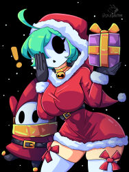 ! 1girl 1other ahoge aqua_hair bell belt black_background box breasts christmas dress gift gift_box gloves hat large_breasts mario_(series) mask nintendo one_eye_covered santa_costume santa_dress santa_hat sautencrer scarf shy_gal shy_guy snow thighhighs