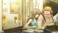 1boy 1girl amane_yuki aqua_shirt blue_eyes blush breasts brown_hair brown_shirt chopsticks collarbone couple fat fat_man game_cg glasses hair_between_eyes happy hashida_itaru hat highres holding holding_chopsticks huke indoors long_hair looking_at_another looking_at_viewer medium_breasts nervous_sweating official_art opaque_glasses open_collar open_mouth ringed_eyes shirt sleeveless sleeveless_shirt smile steins;gate steins;gate_0 sweat tank_top tongue