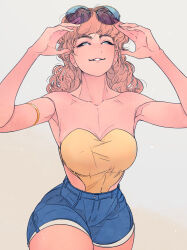 1girl adjusting_eyewear armpits arms_up bare_shoulders blonde_hair blue-tinted_eyewear blue_shorts breasts collarbone commentary cowboy_shot elliemaplefox english_commentary eyelashes eyewear_on_head grey_background hashtag-only_commentary highres large_breasts leotard long_hair looking_up mole mole_under_mouth original parted_lips shorts simple_background smile solo strapless strapless_leotard sunglasses teeth thick_thighs thighs tinted_eyewear white_eyes yellow_leotard