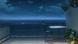 balcony bistro_table blue_sky chair cloud cloudy_sky drop_shadow glowing hanging_plant highres horizon moonlight night no_humans non-web_source ocean official_art our_life:_beginnings_and_always outdoors plant potted_plant railing reflective_floor scenery sky star_(sky) starry_sky