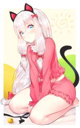 10s 1girl 3: animal_ears bell between_legs black_ribbon blue_eyes blush bow cat_ears cat_tail closed_mouth eromanga_sensei fake_animal_ears female_focus frills hair_between_eyes hair_bow hairband hand_between_legs highres horz izumi_sagiri jingle_bell long_hair long_sleeves looking_at_viewer low-tied_long_hair pajamas pink_bow ribbon shorts sitting solo spiral tail thighs v_arms white_hair