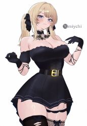 Rule 34 | 1girl, ani (xai), bare shoulders, belt, black belt, black dress, black gloves, black thighhighs, blonde hair, blue eyes, blush, breasts, cleavage, closed mouth, commentary request, cowboy shot, dress, fishnet thighhighs, fishnets, gloves, hands up, highres, large breasts, long hair, looking at viewer, miychi, off-shoulder dress, off shoulder, simple background, solo, thighhighs, twitter, twitter username, twitter x logo, white background, xai (company)