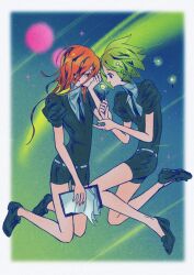 Rule 34 | 2others, androgynous, bike shorts, black jacket, black necktie, black shoes, black shorts, cinnabar (houseki no kuni), commentary, english commentary, flower, full body, gem uniform (houseki no kuni), green hair, highres, holding, holding flower, holding paper, houseki no kuni, jacket, multiple others, necktie, open mouth, other focus, paper, pemprika, phosphophyllite, puffy short sleeves, puffy sleeves, red hair, shirt, shoes, short hair, short sleeves, shorts, white shirt