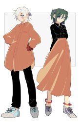 1boy 1girl allen_walker anklet black_pants black_shirt blush body_markings collared_shirt colored_extremities d.gray-man earrings facial_mark green_hair grey_eyes hair_ribbon hand_on_own_hip high-waist_skirt jewelry lenalee_lee light_smile long_hair long_shirt long_skirt long_sleeves looking_at_viewer low_ponytail medium_hair orange_shirt orange_skirt pants ponytail purple_eyes purple_ribbon red_hands ribbon shirt shoes skirt sneakers star_(symbol) star_facial_mark two_side_up white_hair xmori_6