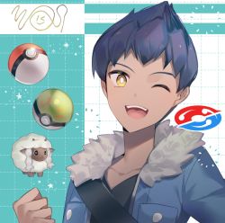 1boy :d blue_hair blue_jacket clenched_hand dark-skinned_male dark_skin friend_ball fur-trimmed_jacket fur_trim gen_8_pokemon hop_(pokemon) jacket nintendo open_mouth poke_ball poke_ball_(basic) poke_ball_theme pokemon pokemon_(creature) pokemon_swsh smile spiked_hair upper_body wooloo yellow_eyes yuhi_(hssh_6)