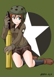 1girl black_socks brown_gloves brown_hair brown_jacket brown_shoes brown_shorts cartridge girls_und_panzer gloves green_eyes green_helmet helmet helmet-chan_(girls_und_panzer) highres holding_tank_shell jacket looking_to_the_side nspa_(spa-jcs) saunders_military_uniform shoes short_hair short_shorts shorts smile socks star_(symbol) tank_helmet tank_shell