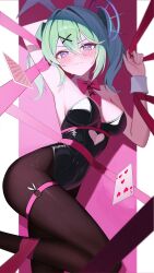 1girl absurdres ace_(playing_card) ace_of_hearts animal_ear_hairband animal_ears arm_up armpits bare_shoulders black_leotard black_pantyhose blush bound bound_arms bound_legs bound_torso bound_wrists bow bowtie breasts card cleavage clothing_cutout commentary covered_navel detached_collar fake_animal_ears floating_card furrowed_brow green_hair hair_between_eyes hair_ornament hairband hand_up heart heart_cutout highres leotard long_hair looking_at_viewer medium_breasts pantyhose pink_background pink_bow pink_bowtie playboy_bunny playing_card purple_eyes rabbit_ears rabbit_hole_(vocaloid) solo standing standing_on_one_leg stellive strapless strapless_leotard sweat thigh_strap twintails virtual_youtuber wavy_mouth white_background wrist_cuffs x_hair_ornament yireh yuzuha_riko