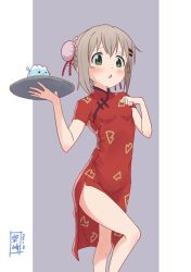 1girl 2018 bare_arms bare_legs breasts bun_cover china_dress chinese_clothes dated dress thighs female_focus food gelatin green_eyes grey_background grey_hair hair_ornament hairclip hand_on_own_chest highres holding holding_tray knees kohshibasaki long_dress looking_at_viewer red_dress short_hair side_slit signature small_breasts solo thighs tray yama_no_susume yukimura_aoi