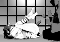 ass barefoot bdsm blindfold bondage bound bound_arms bound_legs dildo gag gagged greyscale highres japanese_clothes kimono lying monk monochrome obi object_insertion on_back original ponytail sash sex_toy sleeveless sleeveless_kimono solo_focus two-cat-walk vaginal vaginal_object_insertion