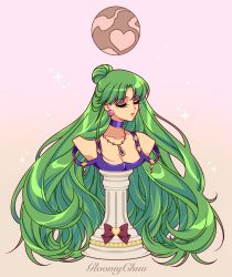 1girl bishoujo_senshi_sailor_moon breasts choker cleavage closed_eyes dress earrings green_hair hair_bun highres jewelry long_hair meiou_setsuna mroczniak_(gloomy_chuu) necklace parted_bangs pedestal princess_pluto purple_dress single_hair_bun solo upper_body