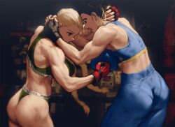 2girls adidas alternate_breast_size ass bare_shoulders battle black_gloves black_hair blonde_hair braid breast_punch breasts cammy_white capcom chun-li clenched_teeth clothes_writing double_bun gloves hair_bun hair_pulled_back high-waist_pants huge_breasts indoors infi leaning_forward leggings multiple_girls muscular muscular_arms muscular_female muscular_legs padded_gloves pants poster_(object) road sports_bra street street_fighter teeth thong twin_braids underwear_writing