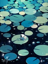 1other artist_name backpack bag blue_jacket commentary gloves helmet highres jacket kazunoko_(kazunoko_zunoco) lily_pad original plant radio_antenna ripples signature sitting solo space space_helmet sparkle star_(sky) star_(symbol) white_gloves