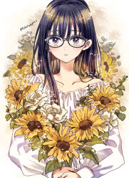 Rule 34 | 1girl, black hair, blunt bangs, collarbone, eyelashes, flower, glasses, himawari-san, himawari-san (character), holding, holding flower, light blush, long hair, long sleeves, looking at viewer, off shoulder, parted lips, puffy long sleeves, puffy sleeves, rose, round eyewear, shirt, signature, solo, sugano manami, sunflower, upper body, white background, white flower, white rose, white shirt