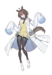 1girl absurdres agnes_tachyon_(umamusume) ahoge animal_ears brown_hair cork echj full_body high_heels highres horse_ears horse_girl horse_tail lab_coat long_bangs long_sleeves messy_hair necktie pantyhose red_eyes short_hair short_necktie sleeves_past_fingers sleeves_past_wrists standing sweater sweater_vest tail test_tube umamusume white_background white_footwear yellow_sweater