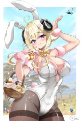 aircraft animal_ears black_pantyhose blonde_hair blue_eyes blue_sky blurry blurry_background blush border breasts cleavage cowboy_shot easter easter_egg egg fake_animal_ears fake_tail fishnet_pantyhose fishnets helicopter highres hololive horns inokeiwd large_breasts leotard outdoors pantyhose playboy_bunny rabbit_ears rabbit_tail savannah sheep_girl sheep_horns short_hair signature sky strapless strapless_leotard tail tsunomaki_watame virtual_youtuber white_border white_leotard