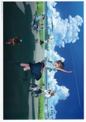 2boys 4girls airfield airi_(robotics;notes) airport arm_up arms_up barefoot beach_umbrella belt belt_buckle belt_pouch black_bow black_shoes blonde_hair blue_bow blue_pants blue_skirt blue_sky blue_socks bow braid brown_belt brown_eyes brown_hair brown_shoes buckle building chest_bow chuo_tanegashima_high_school_uniform clothes_lift cloud cloudy_sky contrail copyright_name crop_top cumulonimbus_cloud daitoku_junna dark-skinned_female dark_skin day deck_chair dress dynamic_pose exif_rotation fukuda_tomonori glasses grass grey_hair hair_between_eyes hair_bow hidaka_subaru highres hill holding holding_tablet_pc hooded_dress kneehighs koujiro_frau leather_belt loafers long_hair long_skirt looking_afar looking_back looking_up midriff midriff_peek miniskirt motor_vehicle motorcycle multiple_boys multiple_girls non-web_source official_art open_mouth outdoors outstretched_arm palm_tree pants parasol pleated_skirt ponytail_with_braided_base pouch red_shirt red_shoes ribbon robot robotics;notes running runway sailor_collar school_uniform scooter senomiya_akiho serafuku shade shading_eyes shadow shirt shirt_lift shoes short_hair short_sleeves sitting skirt sky sleeping smile sneakers socks summer summer_uniform tablet_pc tanegashima_airport tanegashimachine-3 teeth text_focus thighs thumbs_up toy_robot tree twintails umbrella upper_teeth_only very_long_hair white_belt white_dress white_sailor_collar white_shirt white_skirt yashio_kaito