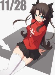 1girl arms_behind_back black_ribbon black_skirt blue_eyes blush brown_hair closed_mouth commentary_request cross dated fate/stay_night fate_(series) hair_intakes hair_ribbon highres long_hair long_sleeves looking_at_viewer miniskirt nel-c pleated_skirt red_shirt ribbon shirt sitting skirt smile solo thighhighs thighs tohsaka_rin turtleneck two_side_up white_thighhighs zettai_ryouiki