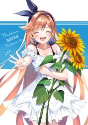 Rule 34 | 1girl, alternate costume, alternate hairstyle, aoi (kirabosi105), blush, clarisse (granblue fantasy), closed eyes, dress, english text, flower, granblue fantasy, hair down, hair ribbon, highres, long hair, milestone celebration, orange hair, ribbon, smile, solo, sundress, sunflower, thank you