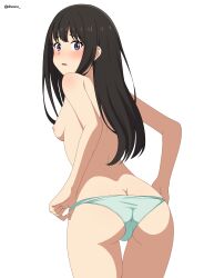 1girl absurdres aqua_panties ass back black_hair blush breasts butt_crack dsuzu from_behind highres inoue_takina long_hair looking_back lycoris_recoil nipples panties purple_eyes simple_background small_breasts solo topless_female underwear underwear_only white_background