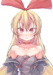 Rule 34 | 1girl, bare shoulders, blonde hair, blush, bow, choker, cropped jacket, dokidoki! precure, grey jacket, hair bow, highres, huge bow, jacket, kakkuu (clutch shot king), looking at viewer, precure, red bow, red choker, red eyes, regina (dokidoki! precure), solo, solo focus, white background